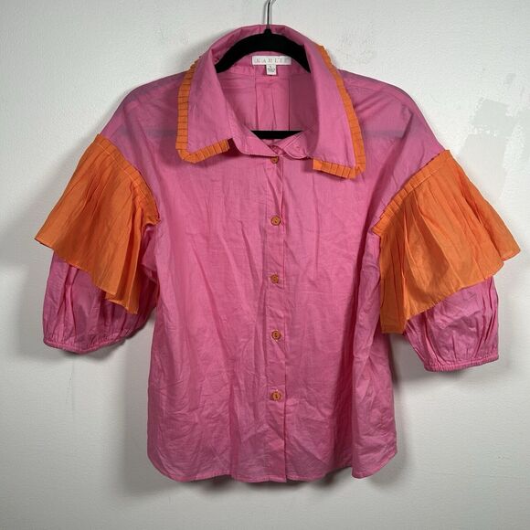 KARLIE RUFFLE Colorblock 1/2 Sleeve Top Pink Orange Blouse Women's Size Large - Picture 2 of 9
